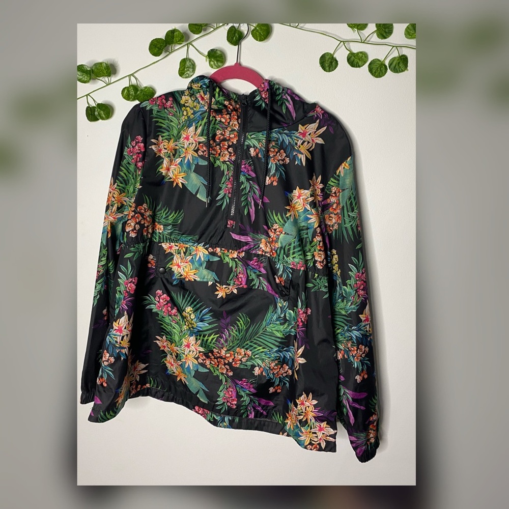 Black Windbreaker Tropical Print Jacket